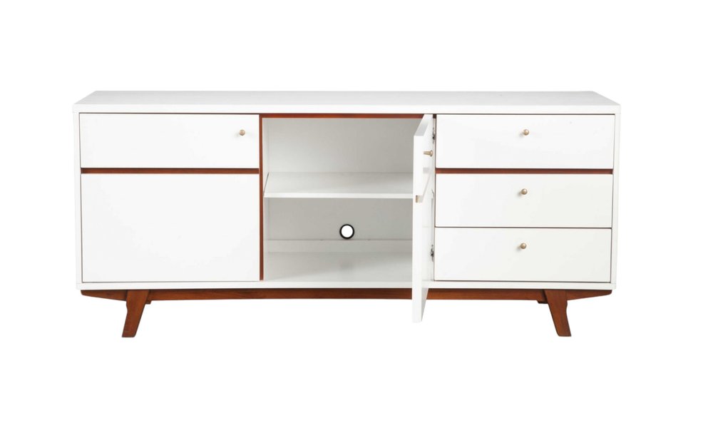 65" White Mahogany Solids And Veneer Cabinet Enclosed Storage TV Stand. TV stand isolated on a plain white background, in a mahogany wood finish.