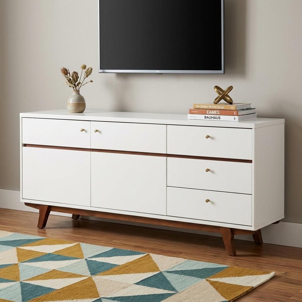 65" White Mahogany Solids And Veneer Cabinet Enclosed Storage TV Stand