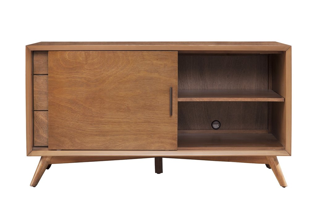 50" Mahogany Solid Wood Enclosed and Open Storage TV Stand. TV stand isolated on a plain white background, finished in mahogany wood.