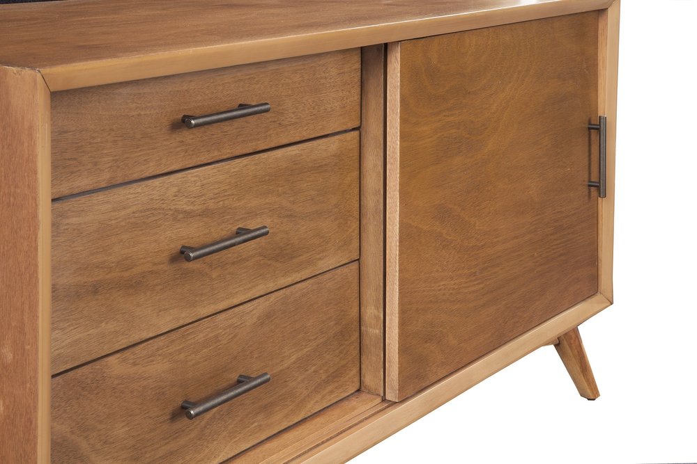 Close-up of 50" Mahogany Solid Wood Enclosed and Open Storage TV Stand showing mahogany wood detail.