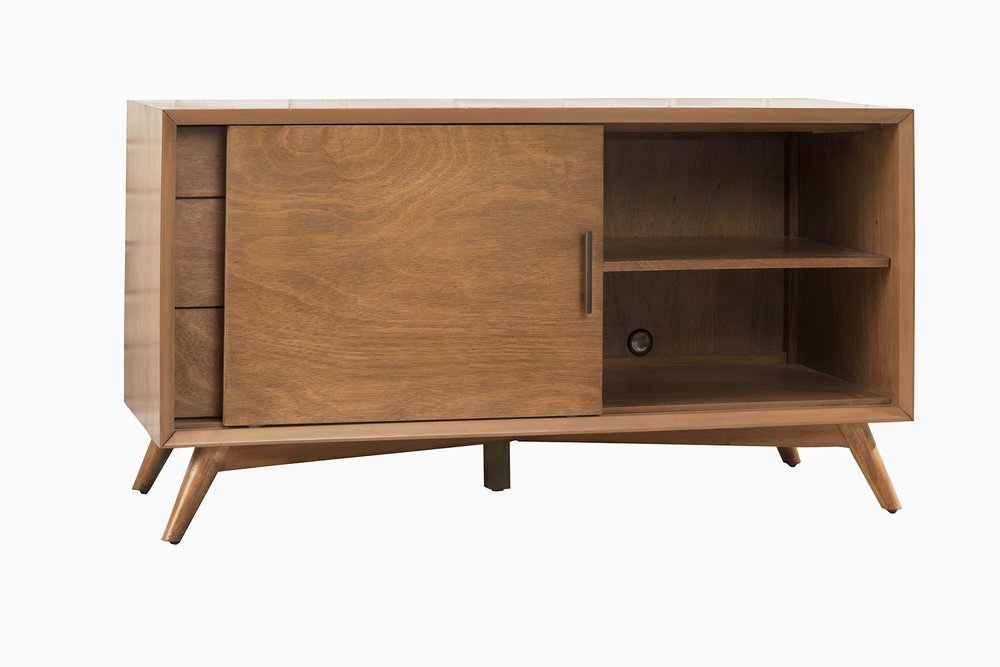 50" Mahogany Solid Wood Enclosed and Open Storage TV Stand. TV stand isolated on a plain white background, showing a mahogany wood surface.