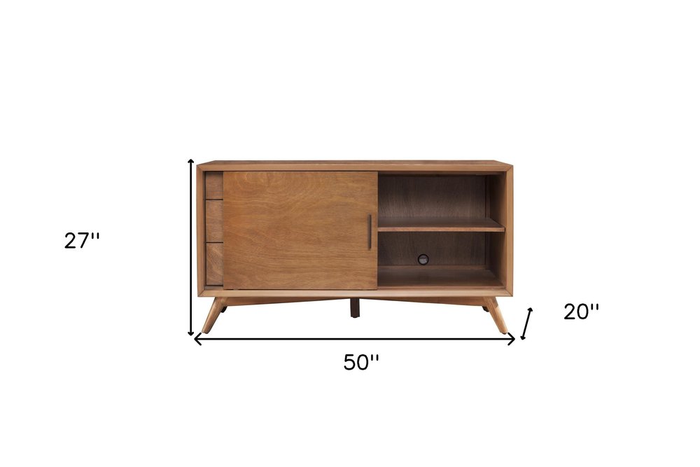 50" Mahogany Solid Wood Enclosed and Open Storage TV Stand. TV stand isolated on a plain white background, finished in mahogany wood.