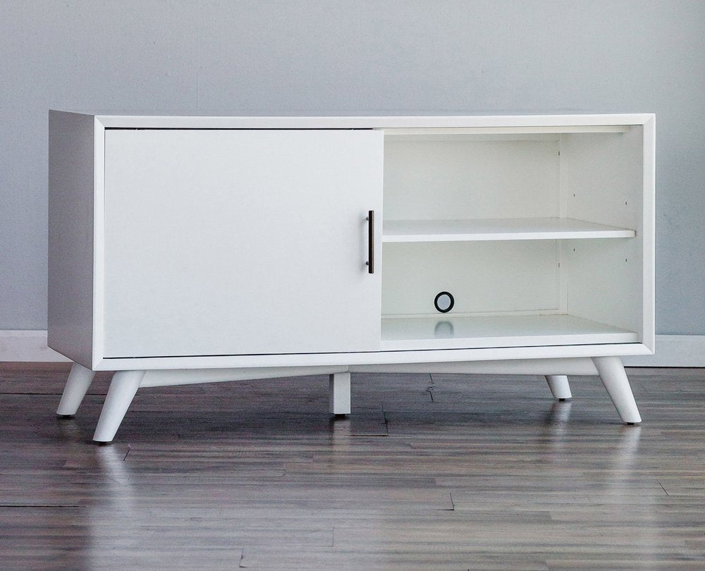 50" White Solid Wood Cabinet Enclosed Storage TV Stand. TV stand in white wood.