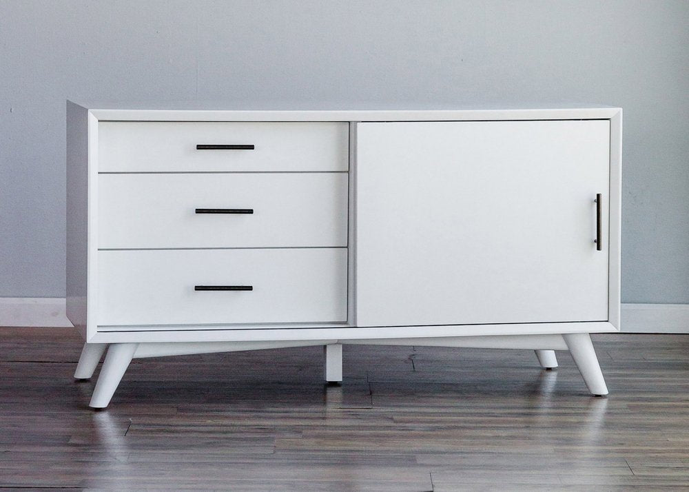50" White Solid Wood Cabinet Enclosed Storage TV Stand. TV stand in white wood.