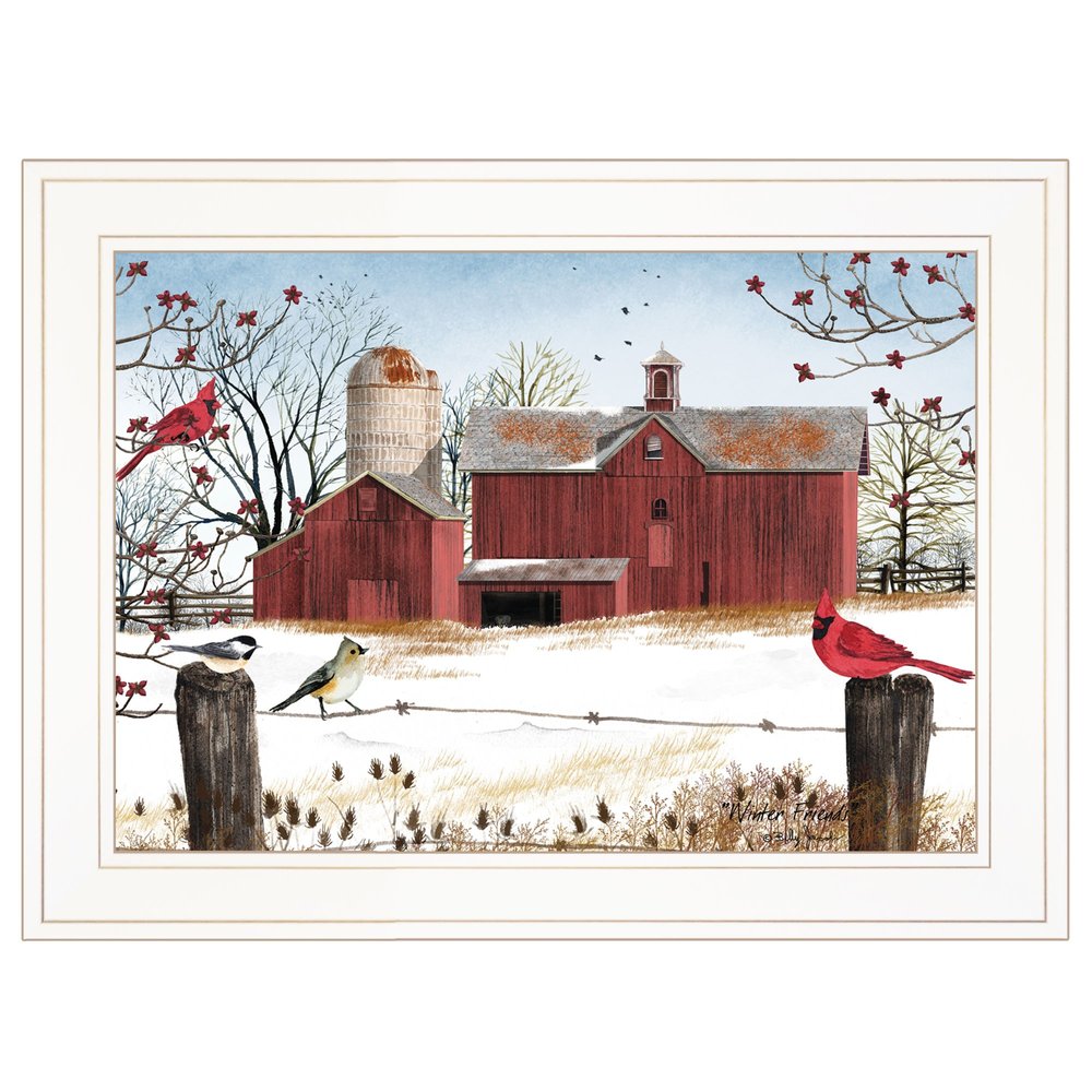 White framed print of a winter barn scene with red cardinals and chickadees on a barbed wire fence.