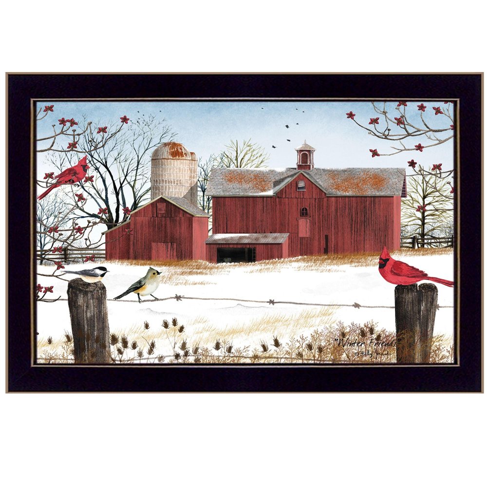 Winter Friends 2 Black Framed Print Wall Art on a white background
