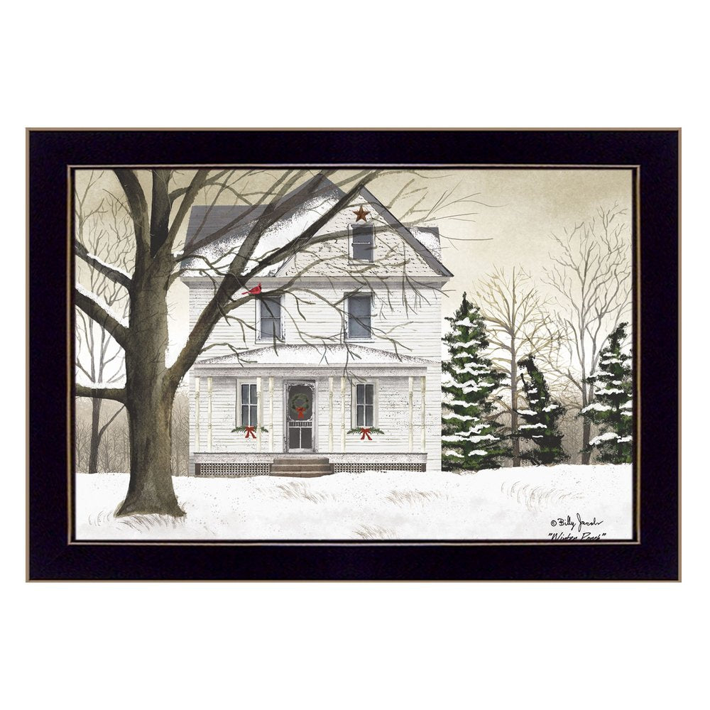 Winter Porch Black Framed Print Wall Art on a white background