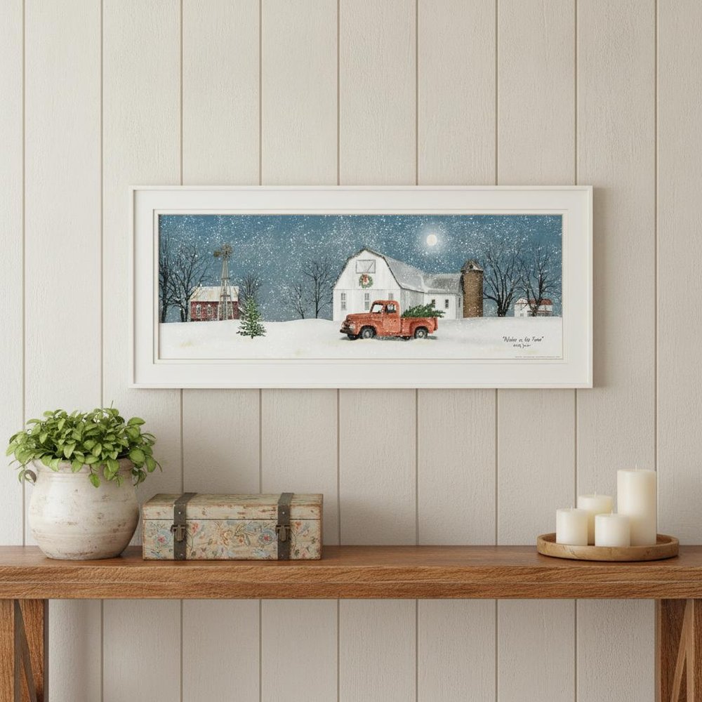 Winter on The Farm 1 White Framed Print Wall Art in a home interior