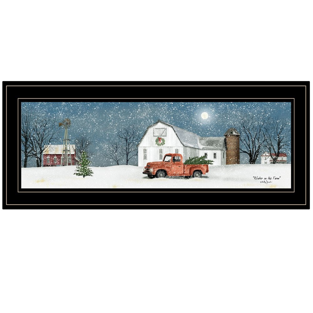 Winter on The Farm 2 Black Framed Print Wall Art on a white background