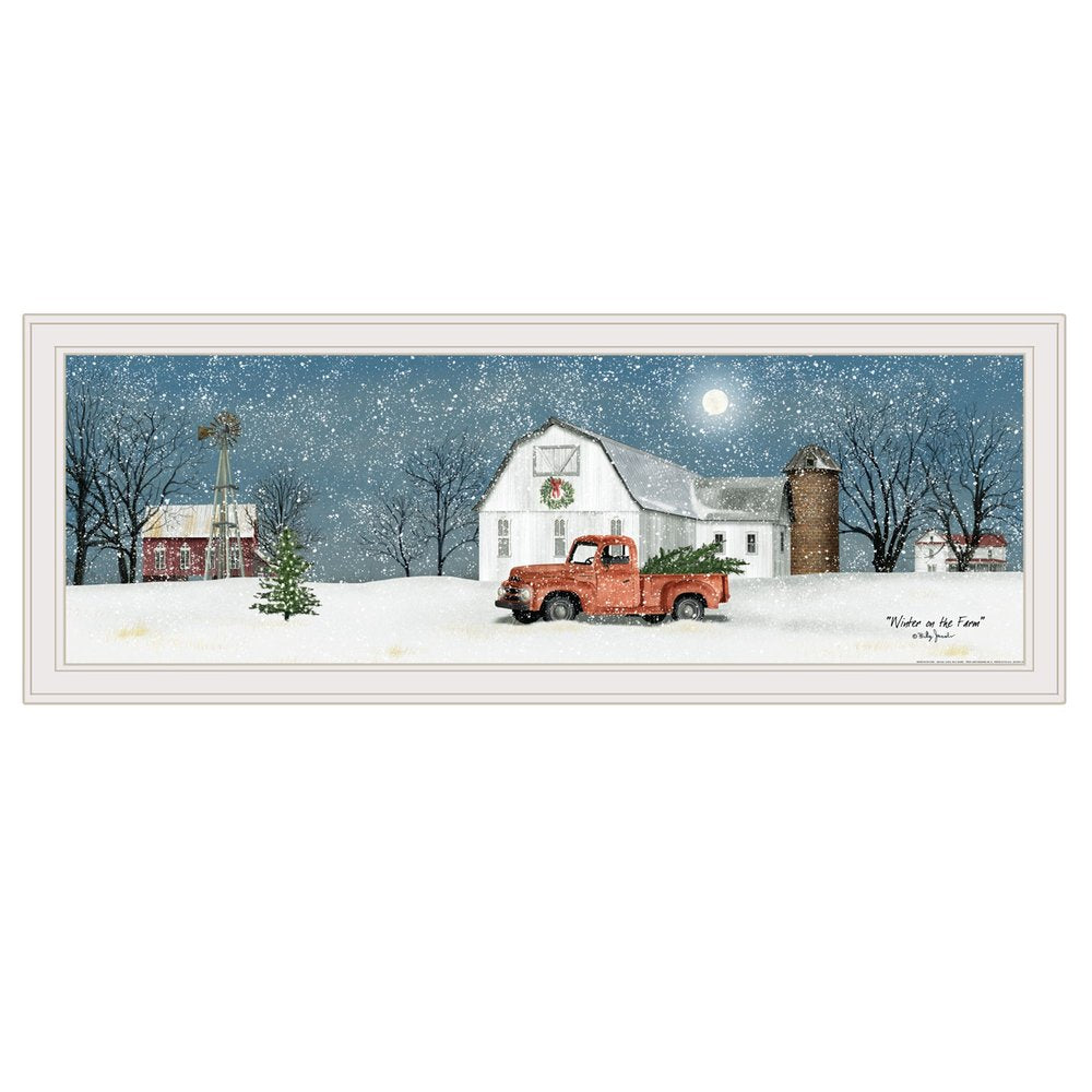 White framed print of a red truck carrying a Christmas tree on a snowy farm with a barn and silo under a full moon.