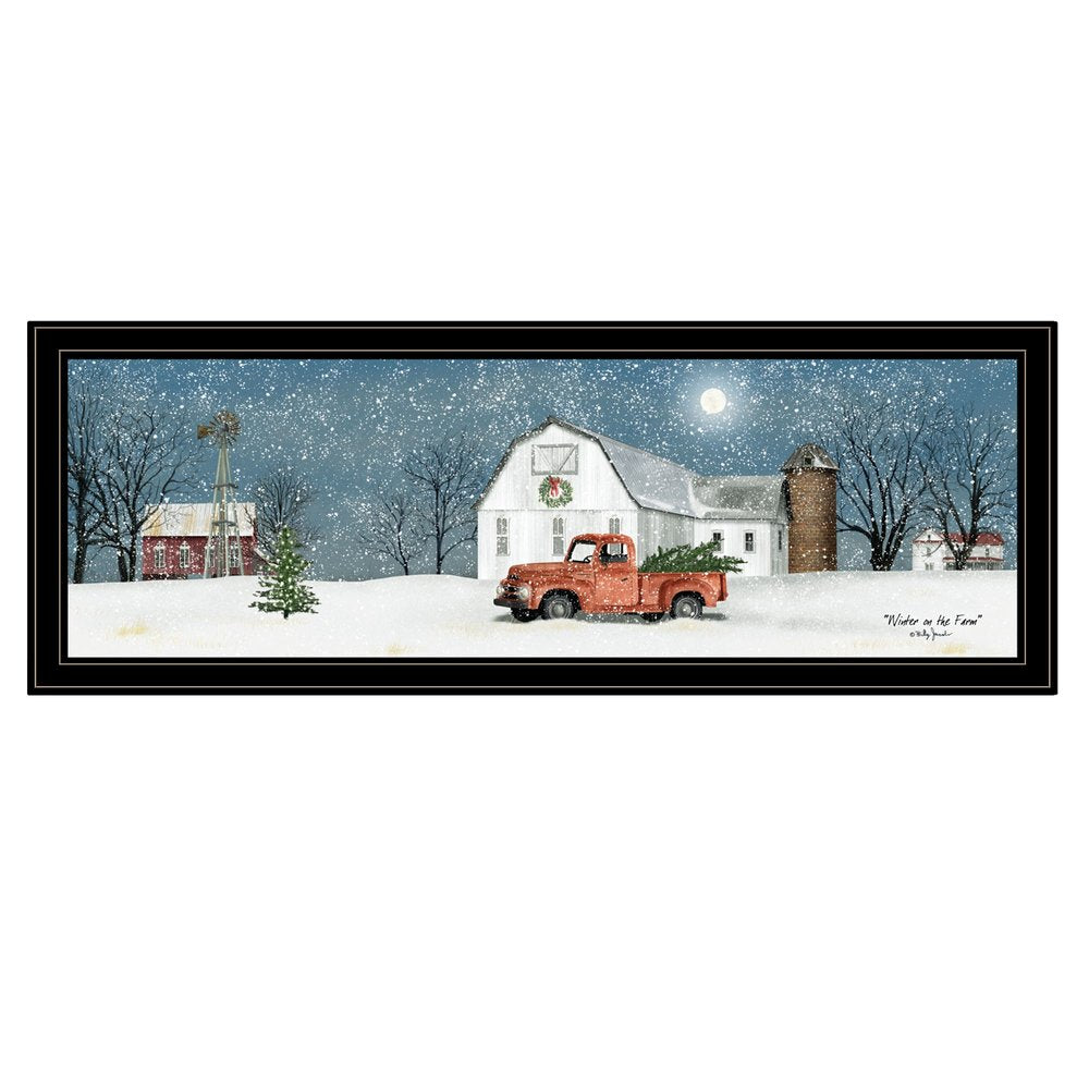 A black framed print of a red truck carrying a Christmas tree on a snowy farm with a barn and silo under a full moon.