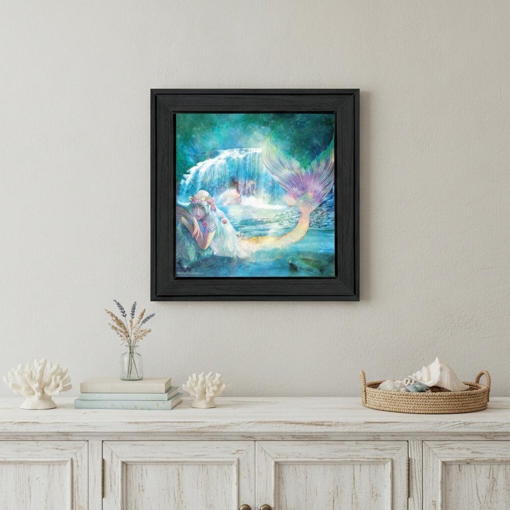 Woodland Cove Mermaid 1 Black Framed Print Wall Art on a white background