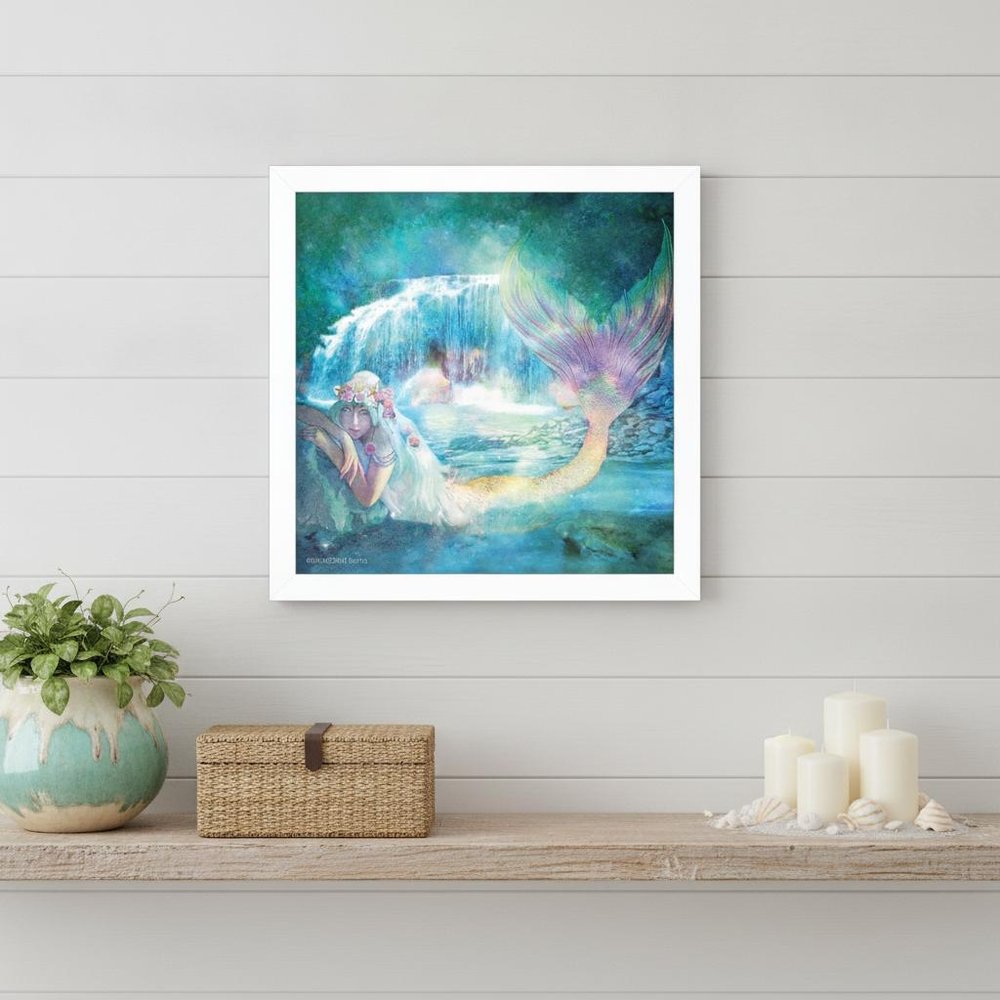 Woodland Cove Mermaid 2 White Framed Print Wall Art on a white background