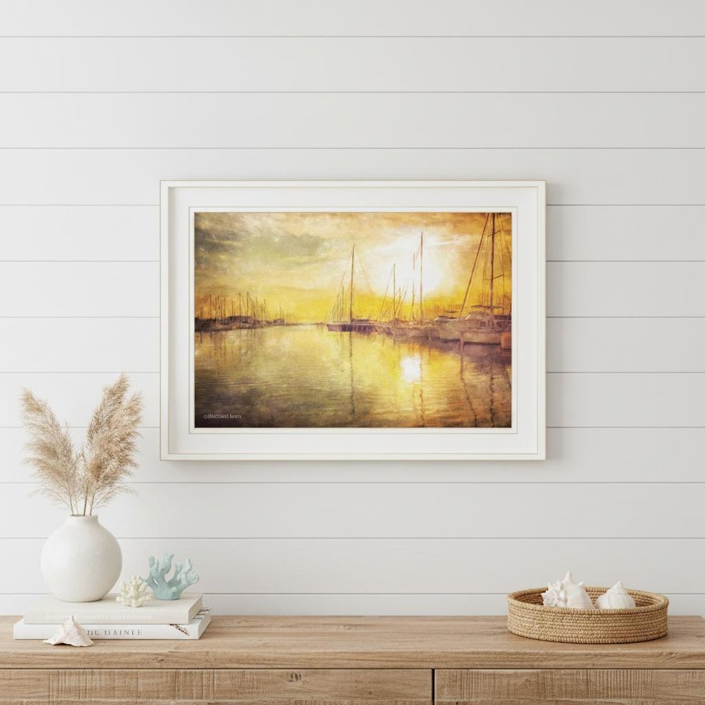 Yellow Sunset White Framed Print Wall Art close-up detail