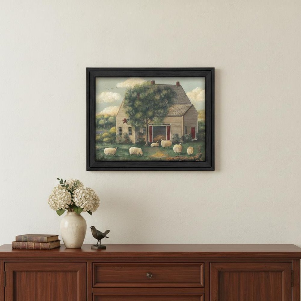 Wooly Sheep Black Framed Print Wall Art in a home interior