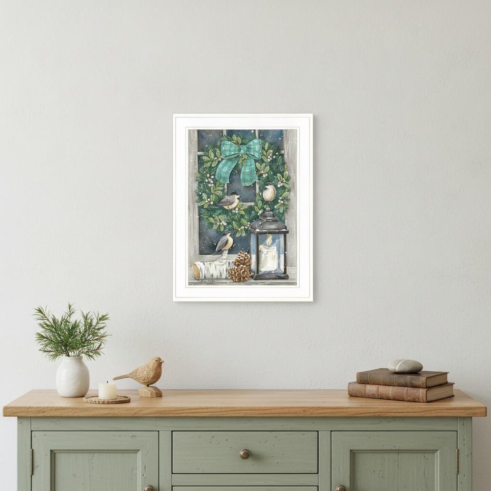 Winter Wreath 1 White Framed Print Wall Art in a home interior