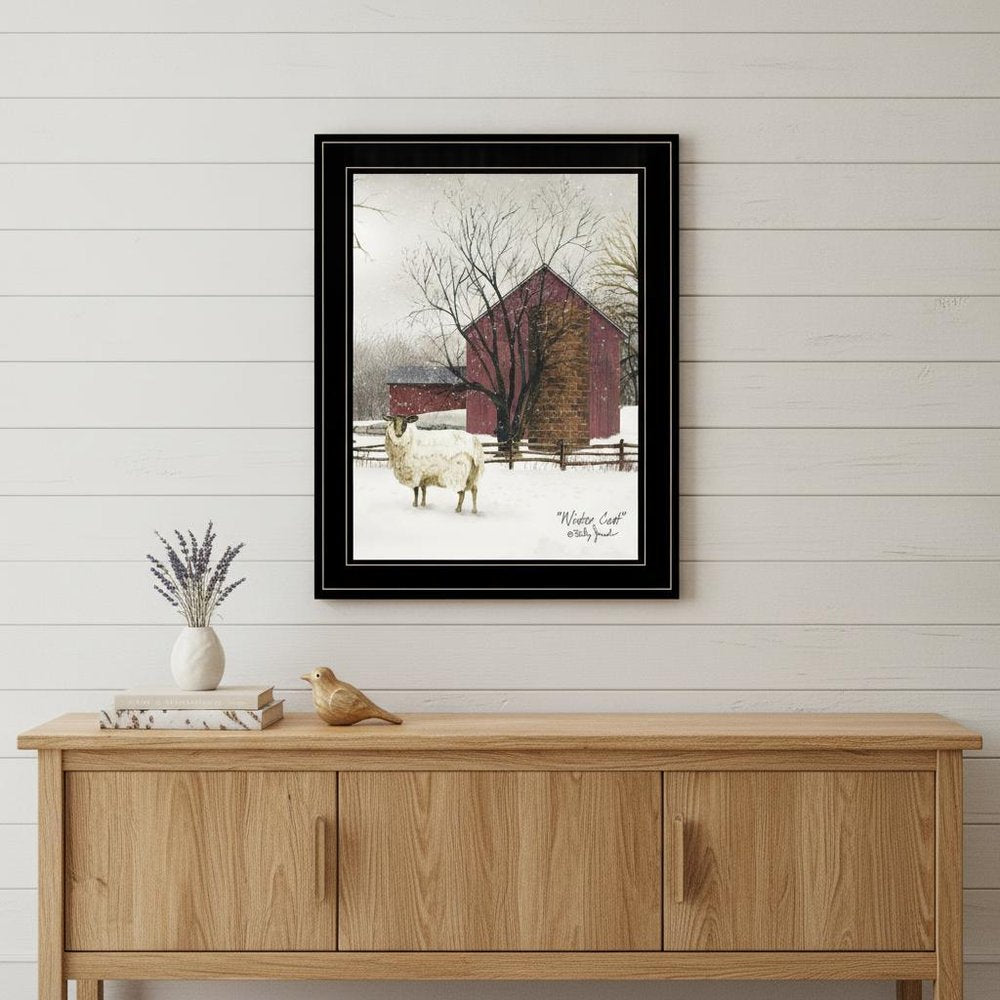 Winter Coat 2 Black Framed Print Wall Art in a home interior