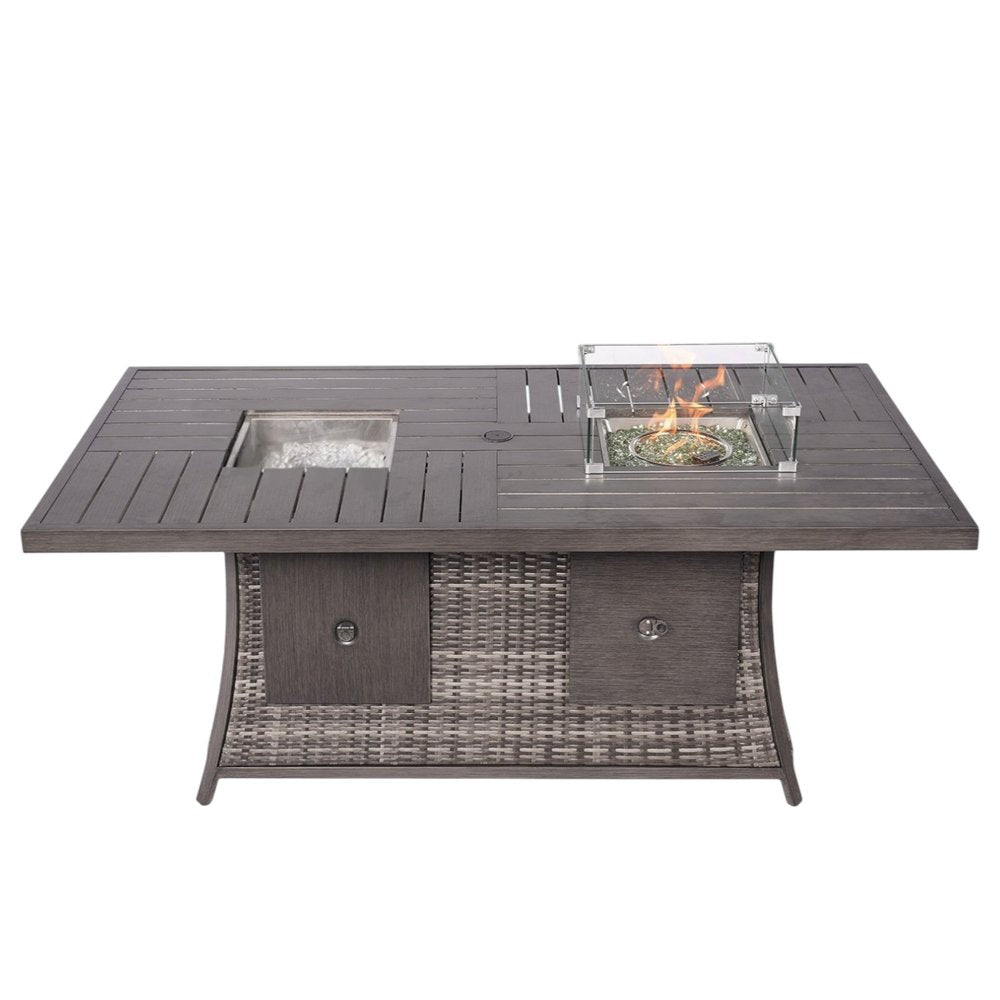 Gray Wicker Outdoor Gas Fire Pit Table with Ice Bucket on a white background