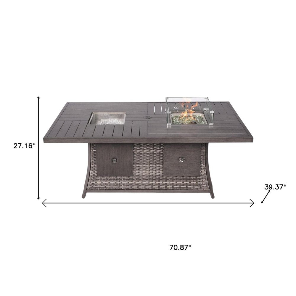 Gray Wicker Outdoor Gas Fire Pit Table with Ice Bucket on a white background