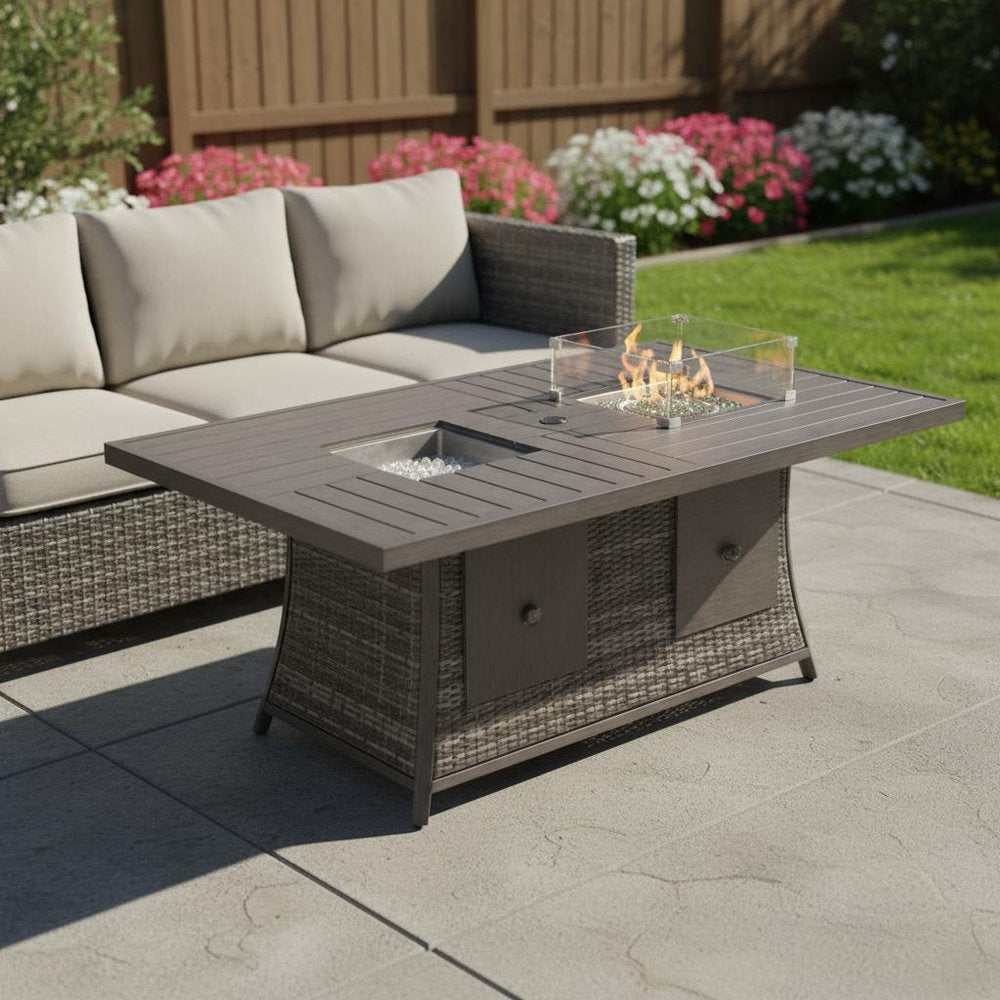 Gray Wicker Outdoor Gas Fire Pit Table with Ice Bucket in a home interior