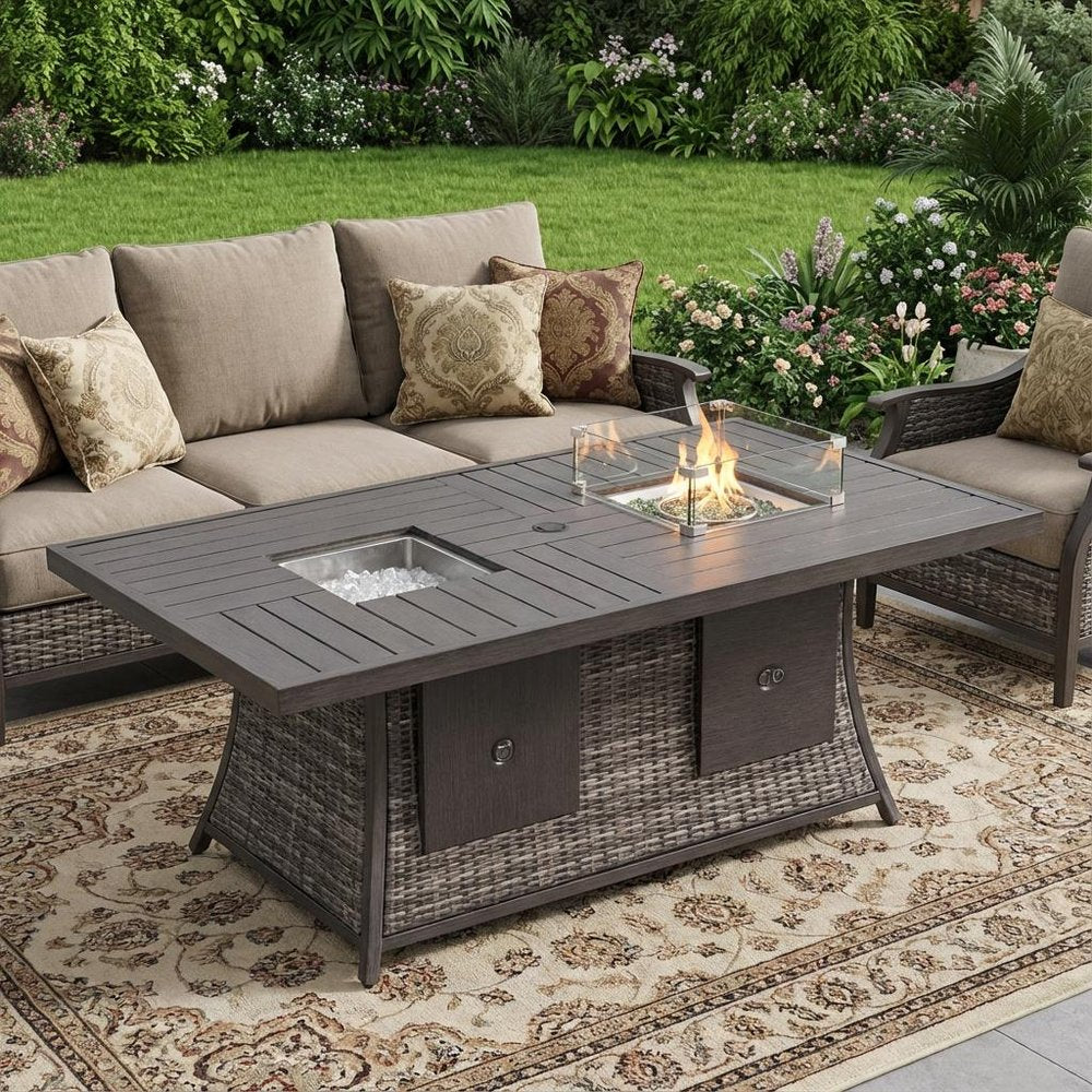 Gray Wicker Outdoor Gas Fire Pit Table with Ice Bucket in a home interior