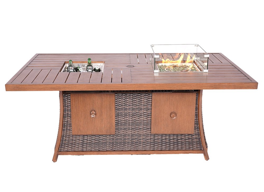 Rectangular brown aluminum patio dining table with wicker base, cooler insert, and glass-enclosed fire pit on a white background.