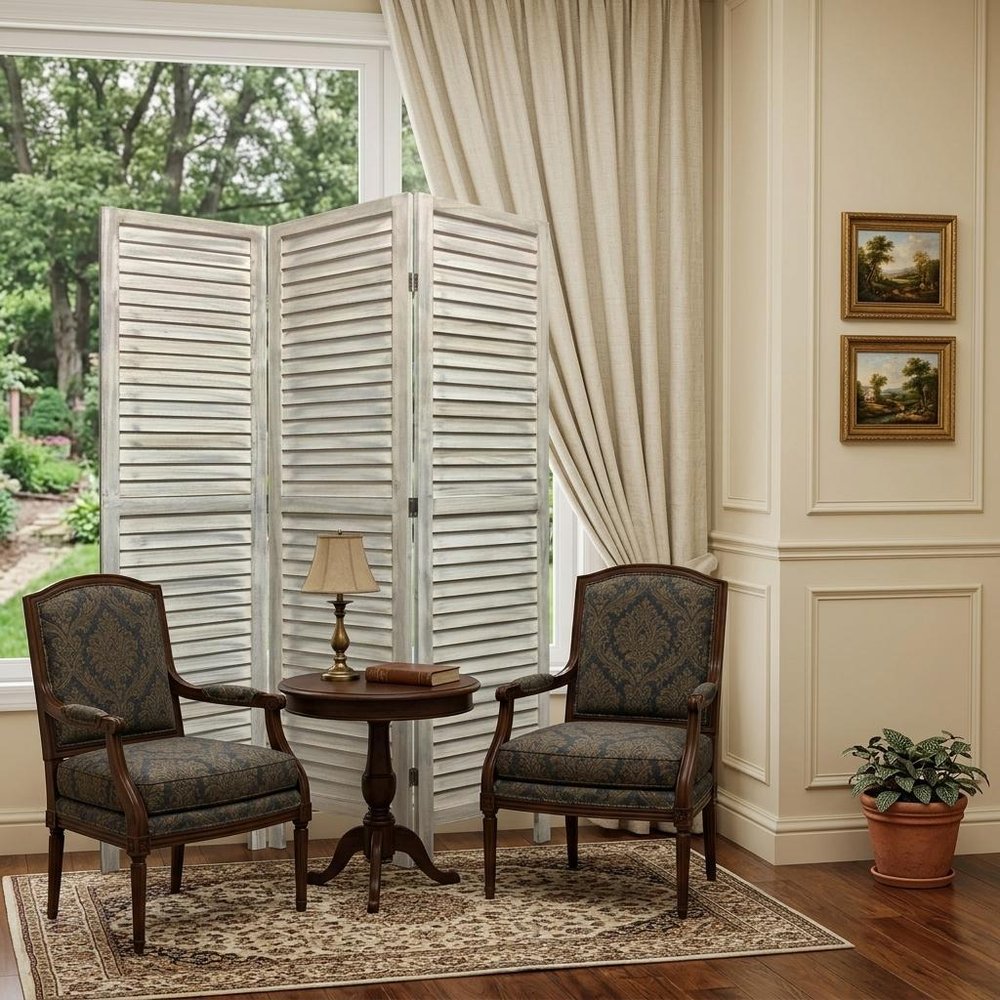 67" White Solid Wood Folding Three Panel Screen Room Divider