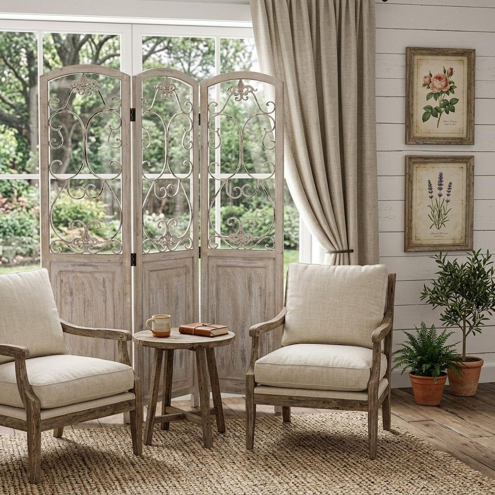 68" Beige Metal And Wood Folding Three Panel Screen Room Divider