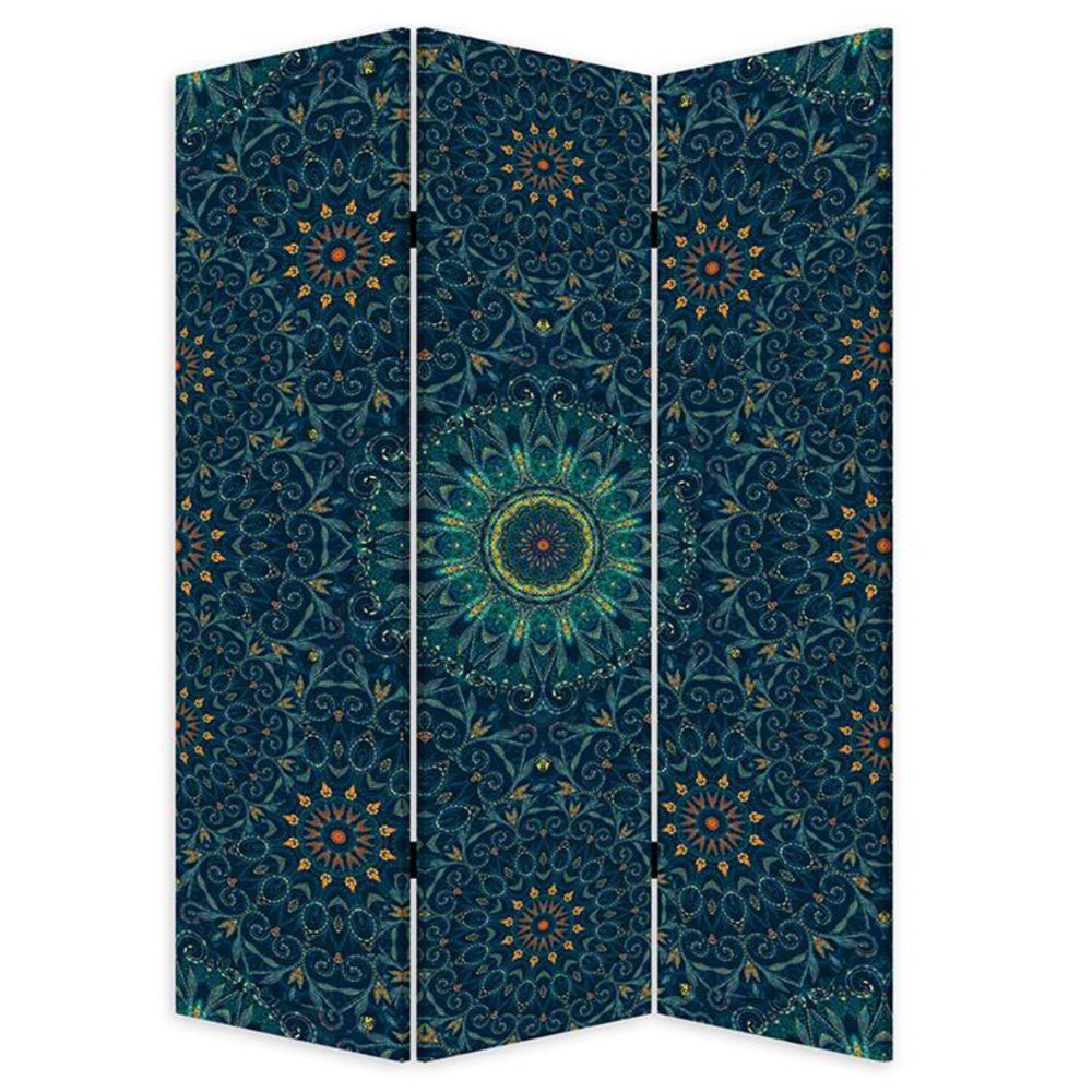 Blue Boho Mandala Three Panel Room Divider Screen on a white background