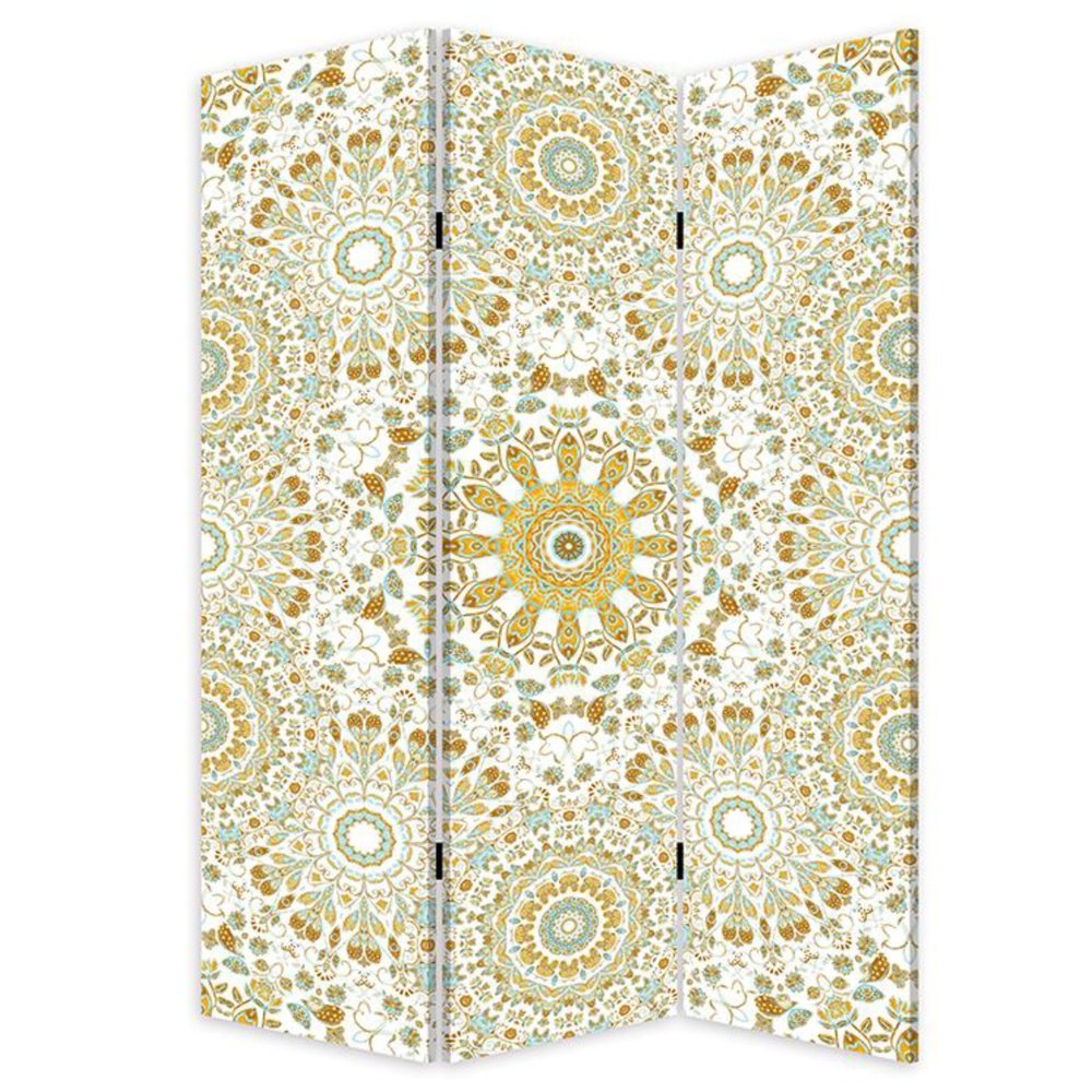 Blue Boho Mandala Three Panel Room Divider Screen on a white background