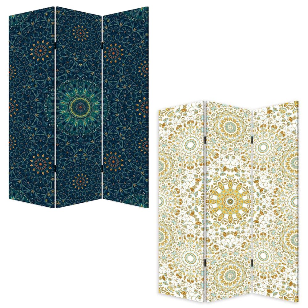 Blue Boho Mandala Three Panel Room Divider Screen on a white background