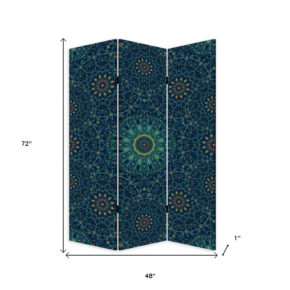 Blue Boho Mandala Three Panel Room Divider Screen on a white background