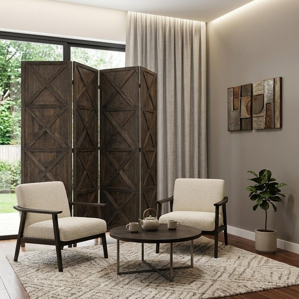 79" Brown Solid Wood Folding Four Panel Screen Room Divider
