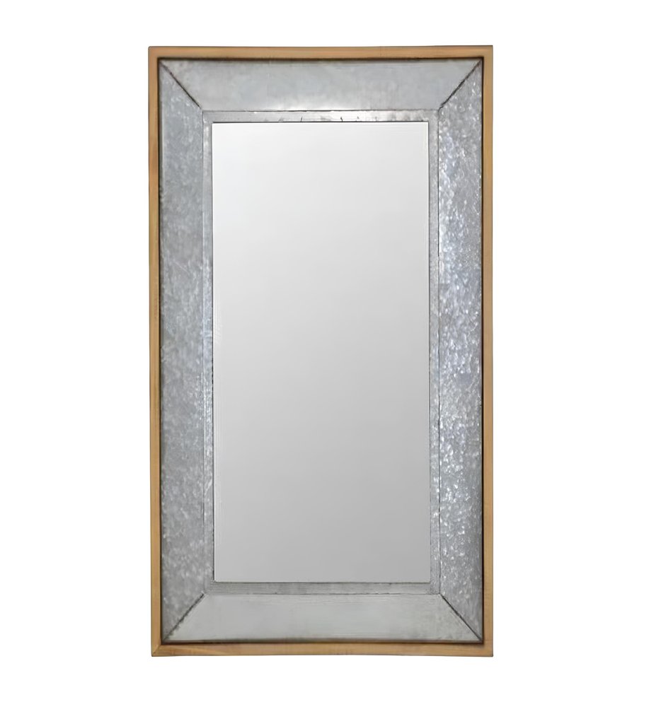 Rectangular leaning accent mirror with a galvanized metal frame and a wood outer frame against a white background.