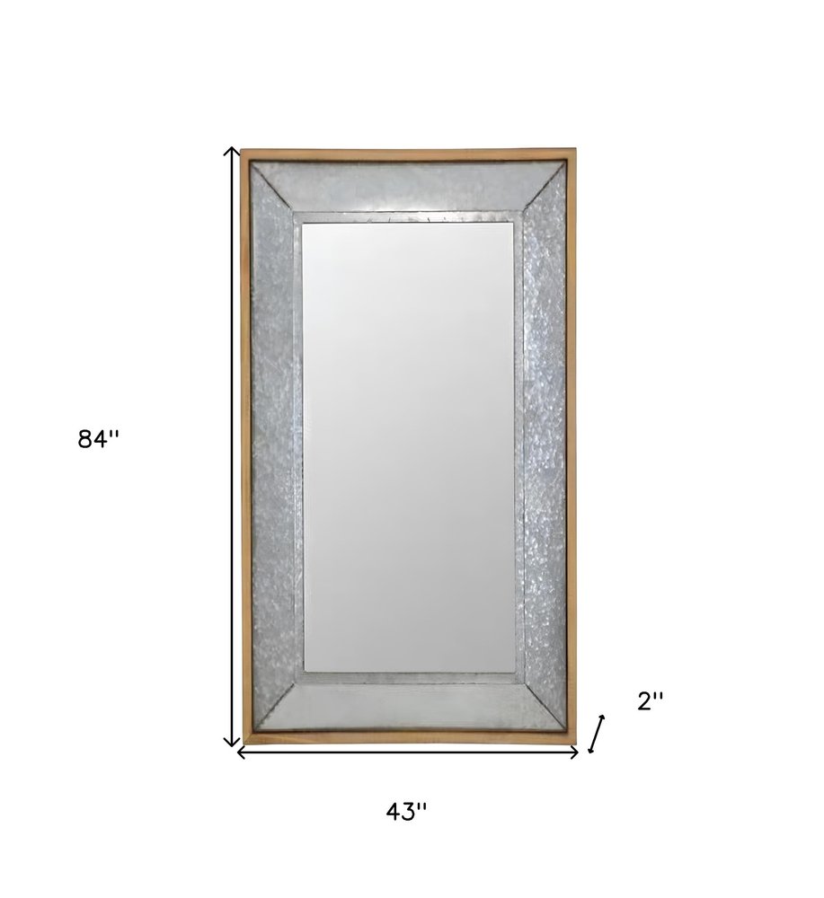84" Gray And Brown Galvanized Metal and Wood Framed Leaning Accent Mirror on a white background