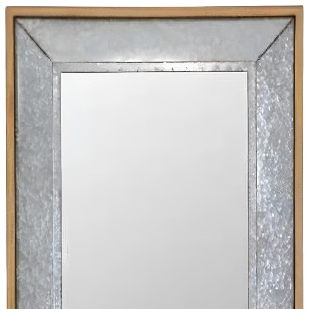 84" Gray And Brown Galvanized Metal and Wood Framed Leaning Accent Mirror close-up detail