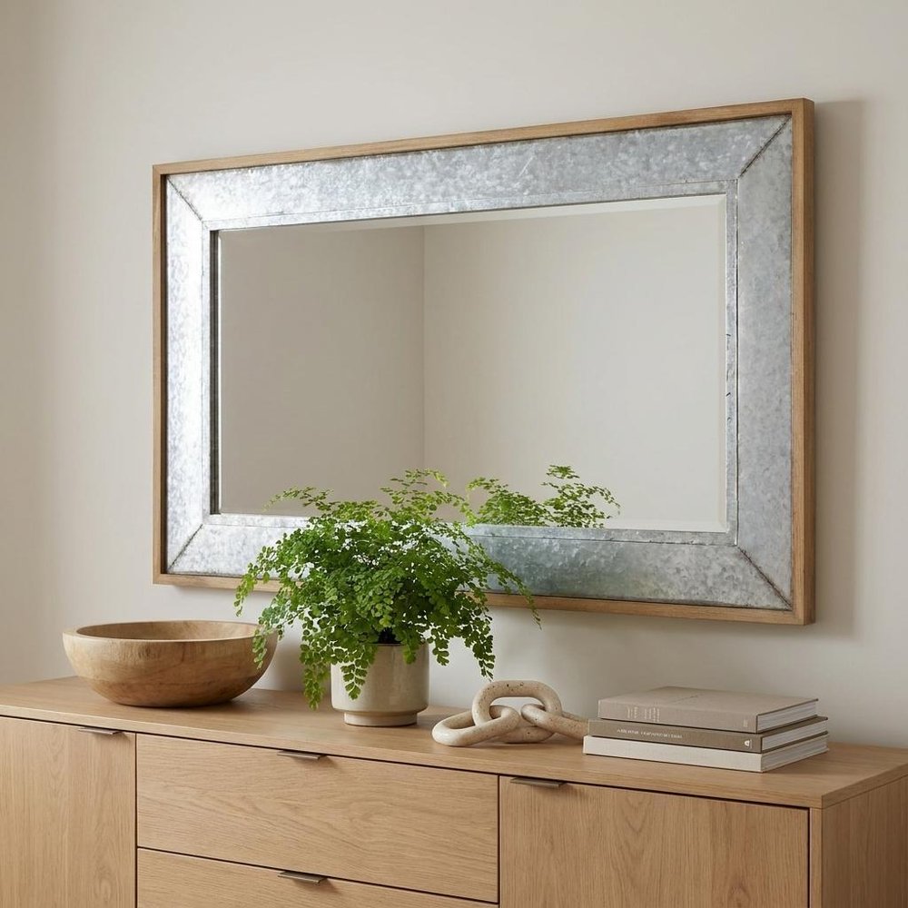 84" Gray And Brown Galvanized Metal and Wood Framed Leaning Accent Mirror