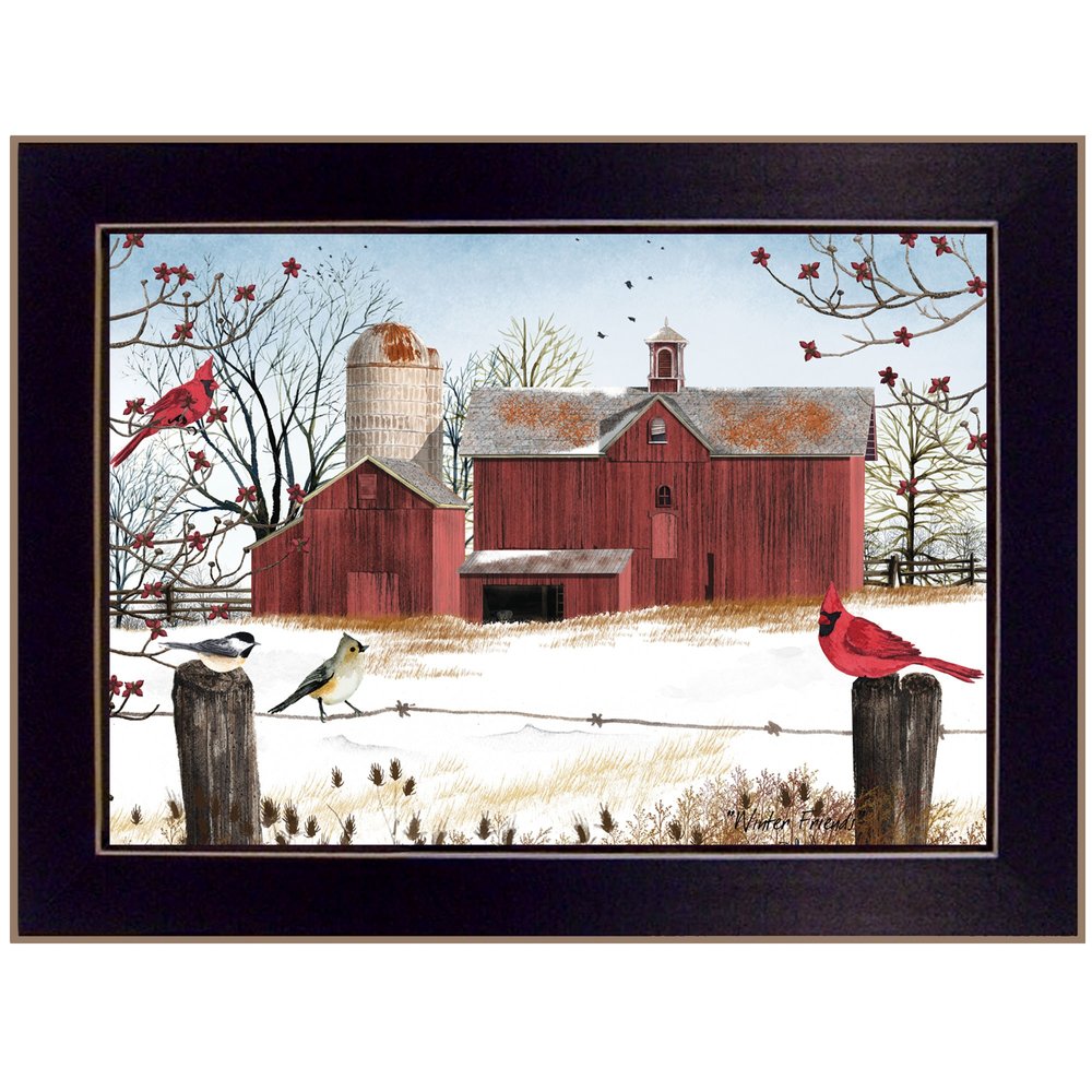 Winter Friends 1 Black Framed Print Wall Art on a white background