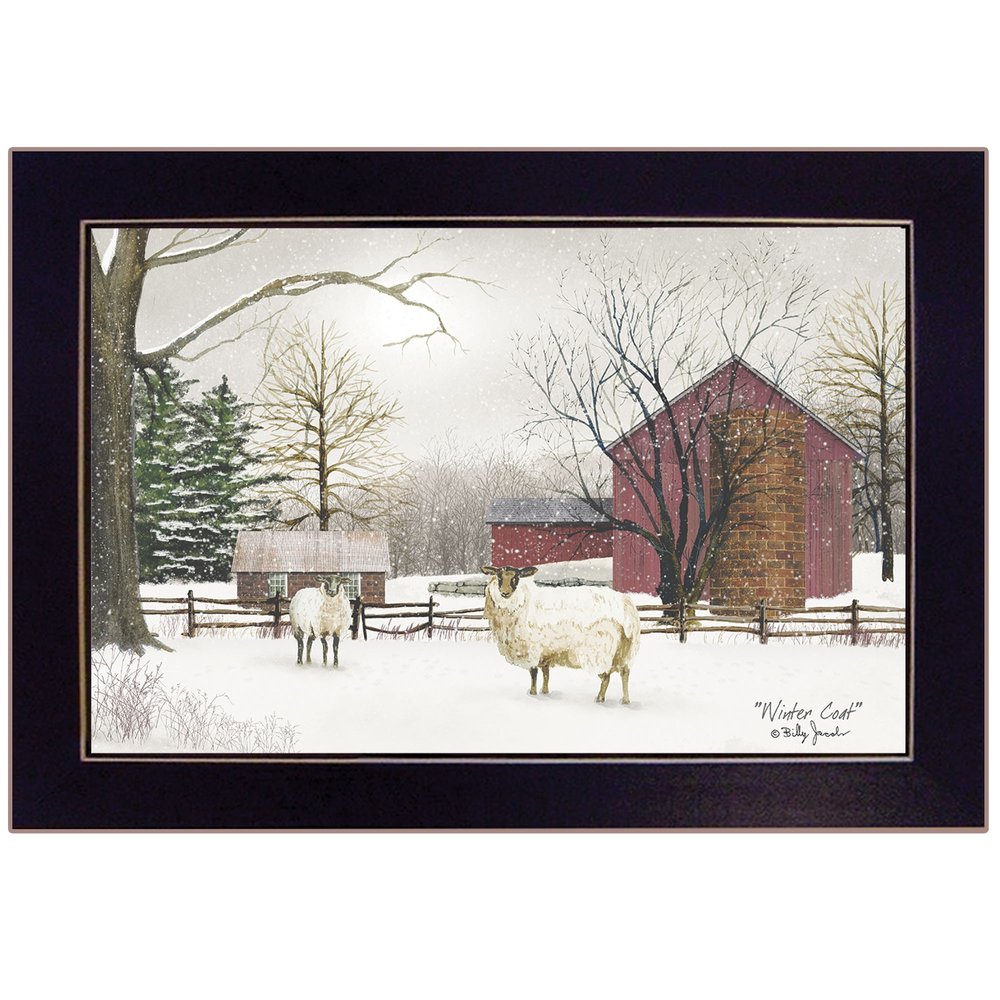 Winter Coat sheep Black Framed Print Wall Art on a white background