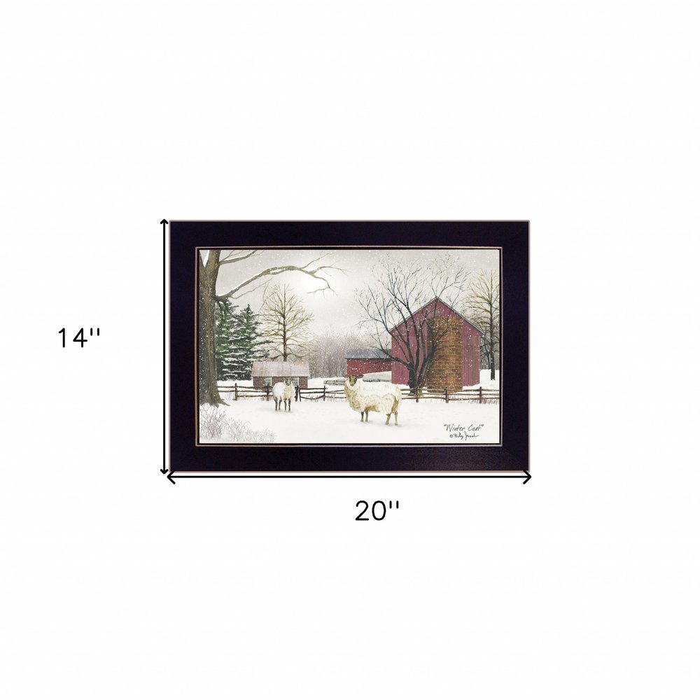 Winter Coat sheep Black Framed Print Wall Art on a white background