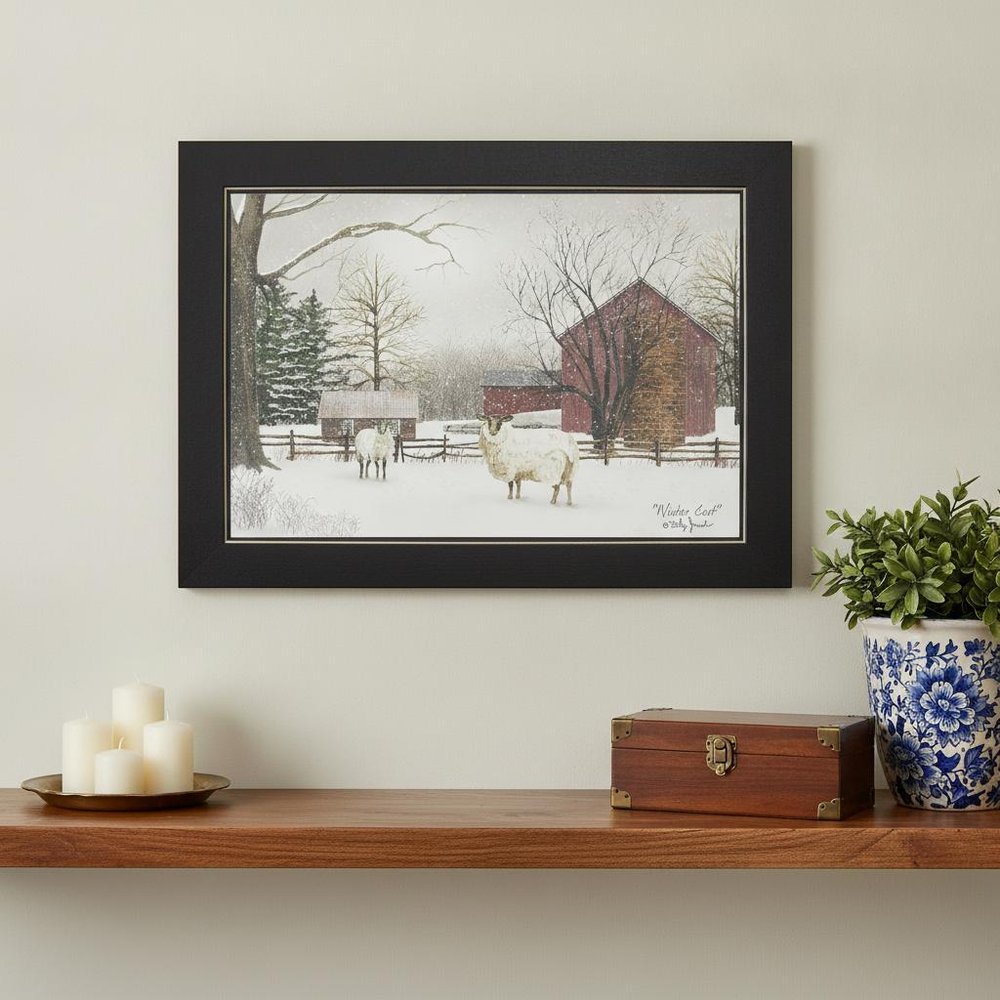 Winter Coat sheep Black Framed Print Wall Art in a home interior