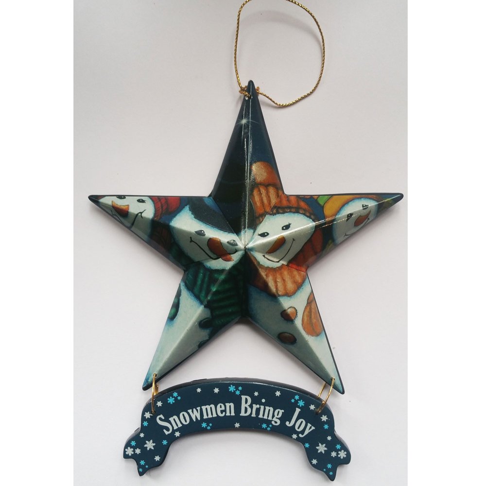 Set of Six Star Shaped Snowmen Joy Christmas Ornaments on a white background