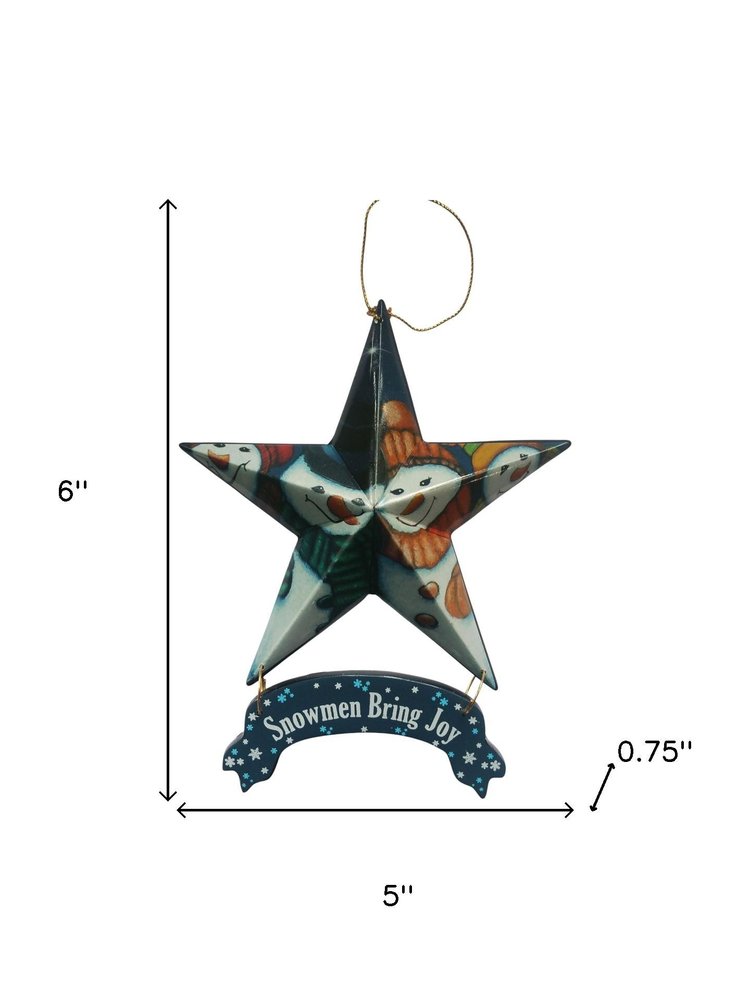 Set of Six Star Shaped Snowmen Joy Christmas Ornaments on a white background