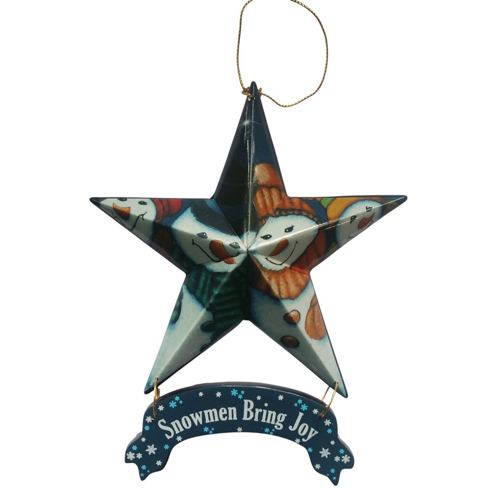 Set of Six Star Shaped Snowmen Joy Christmas Ornaments on a white background