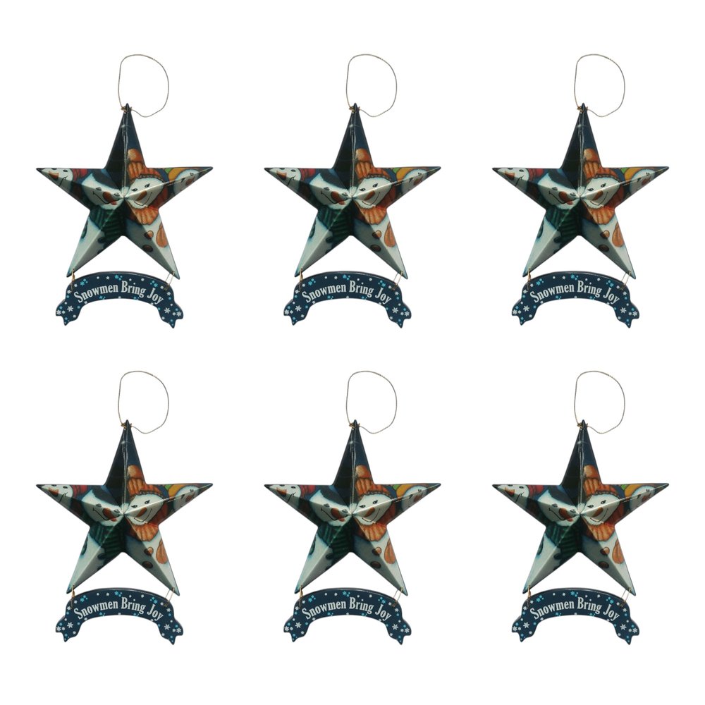 Set of Six Star Shaped Snowmen Joy Christmas Ornaments on a white background