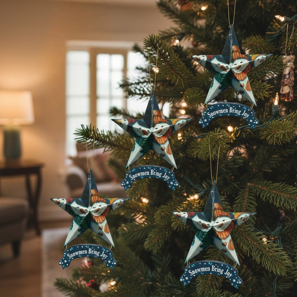 Set of Six Star Shaped Snowmen Joy Christmas Ornaments in a home interior