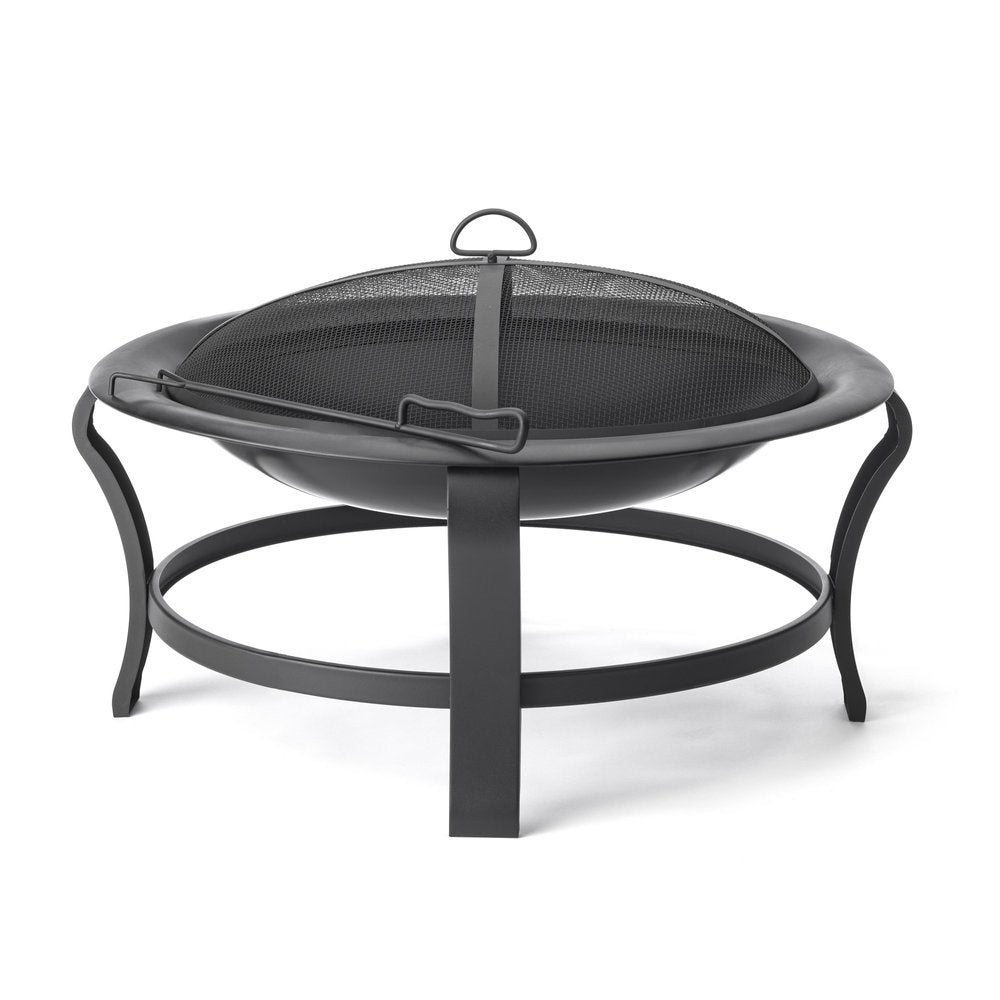 Black Steel Round Wood Burning Fire Pit on a white background