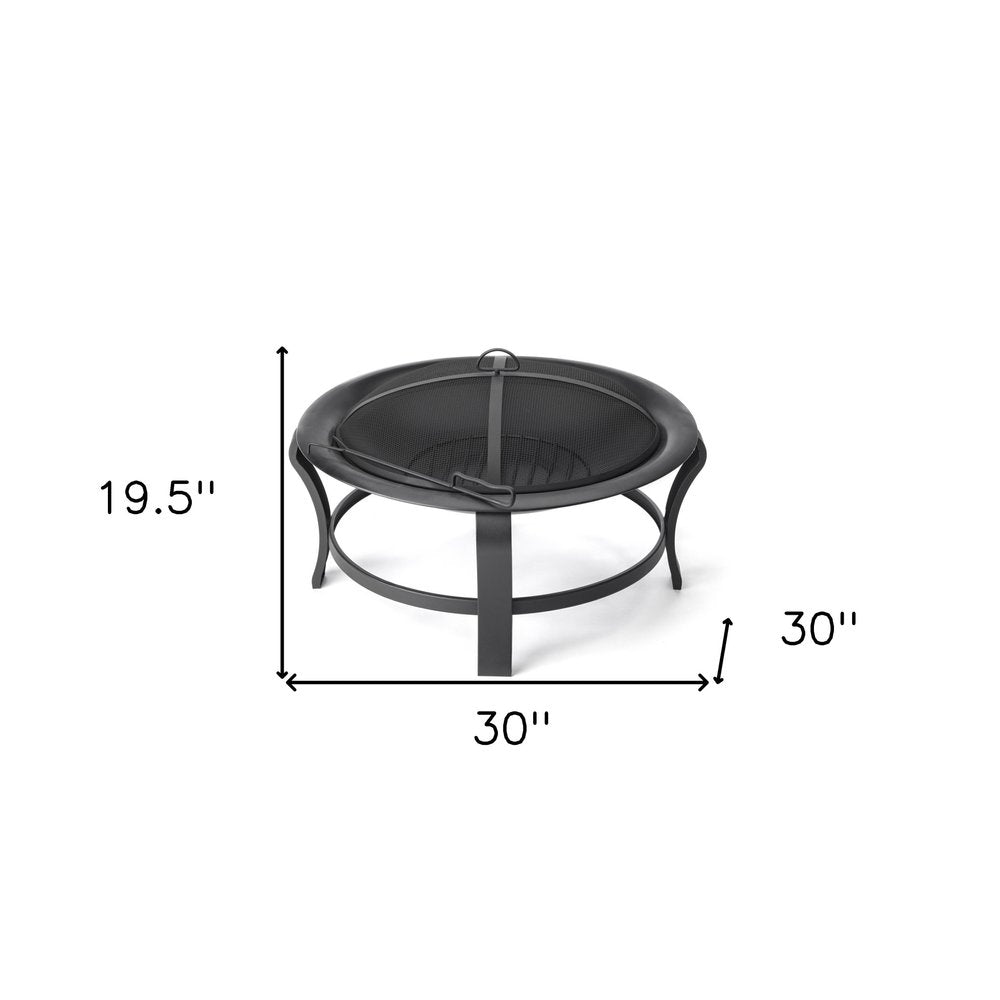 Black Steel Round Wood Burning Fire Pit on a white background