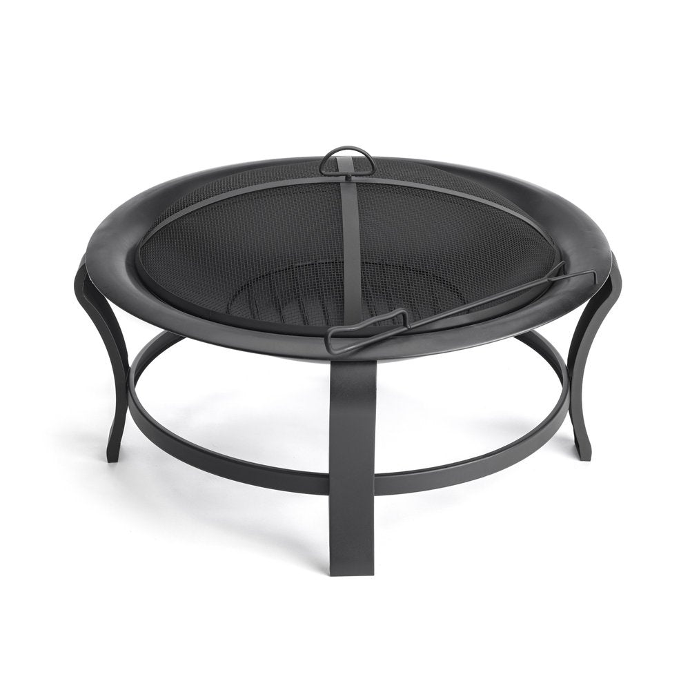 Black Steel Round Wood Burning Fire Pit on a white background