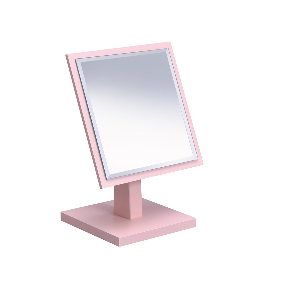 9" Pink Wood Square Freestanding Framed Makeup Shaving Tabletop Mirror on a white background